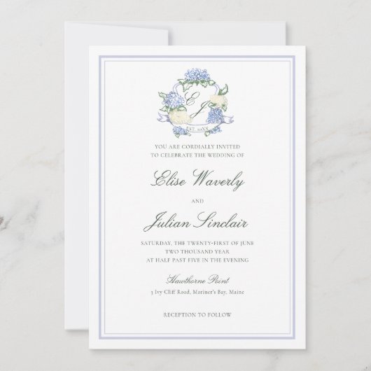 Invitation Hydrangea Crest Formal Blue Frame Coastal Wedding (Devant)
