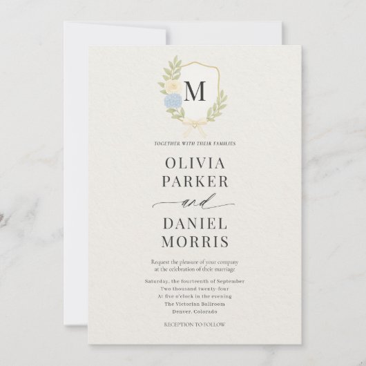 Invitation Hydrangea Crest Monogram Photo QR Code Wedding (Devant)