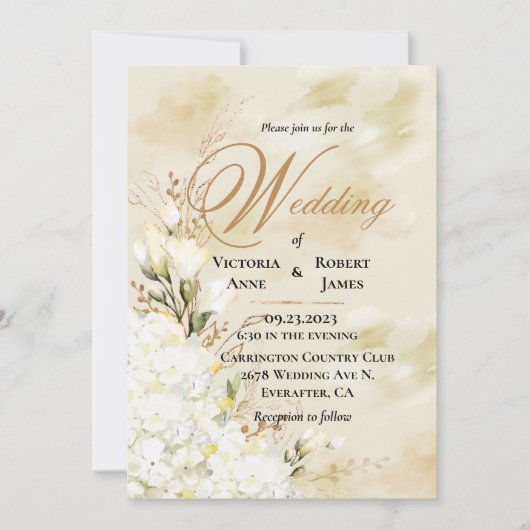 Invitation Hydrangea Elegant Blanc Or Floral Mariage   (Devant)