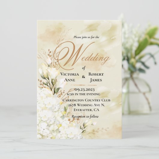 Invitation Hydrangea Elegant Blanc Or Floral Mariage (Debout devant)