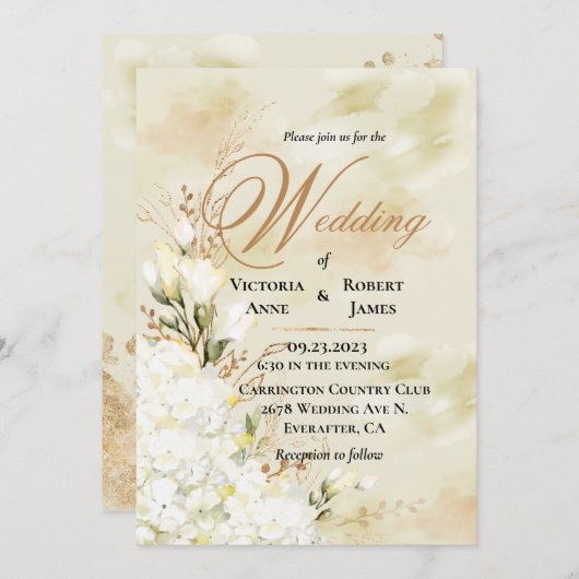 Invitation Hydrangea Elegant Blanc Or Floral Mariage   (Devant / Derrière)
