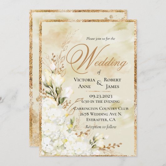 Invitation Hydrangea Elegant Blanc Or Floral Mariage (Devant / Derrière)