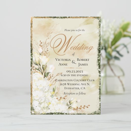 Invitation Hydrangea Elegant Blanc Or Vert Mariage Floral (Debout devant)
