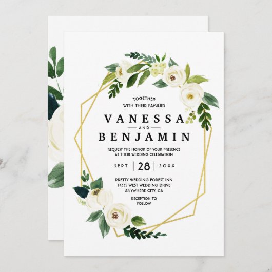 Invitation Hydrangea Elegant Blanc Rose or Floral Mariage I (Devant / Derrière)