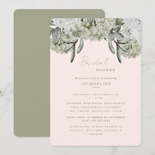 Invitation Hydrangea Élégant Rose & Sauge Douche Arrondie (Devant / Derrière)