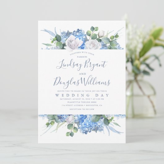 Invitation Hydrangea et verdure Dusty Blue Floral Mariage (Debout devant)