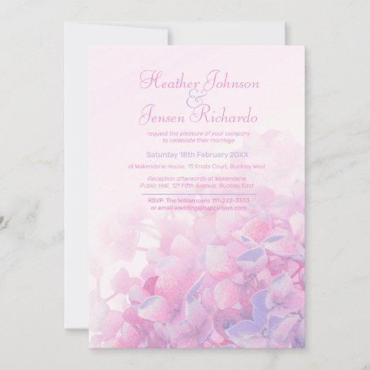 Invitation Hydrangea fleurie rose rose violet mariage (Devant)