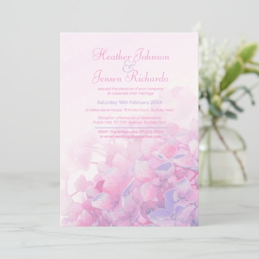 Invitation Hydrangea fleurie rose rose violet mariage (Debout devant)