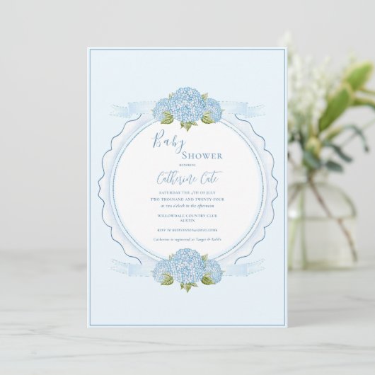 Invitation Hydrangea Floral Bleu Élégant pour Baby Shower  (Debout devant)