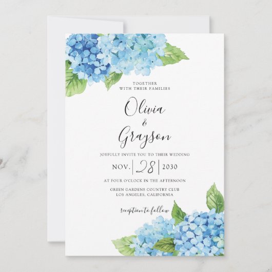 Invitation Hydrangea Floral QR bleu clair tout en un Mariage (Devant)