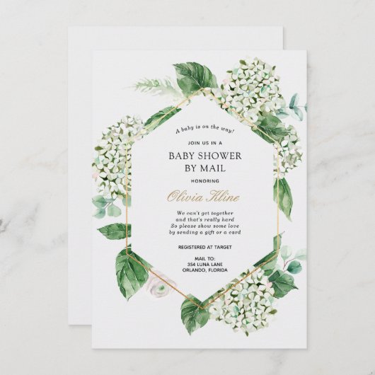 Invitation Hydrangea Gold Frame Baby shower par courrier (Devant / Derrière)