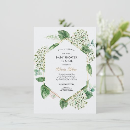Invitation Hydrangea Gold Frame Baby shower par courrier (Debout devant)
