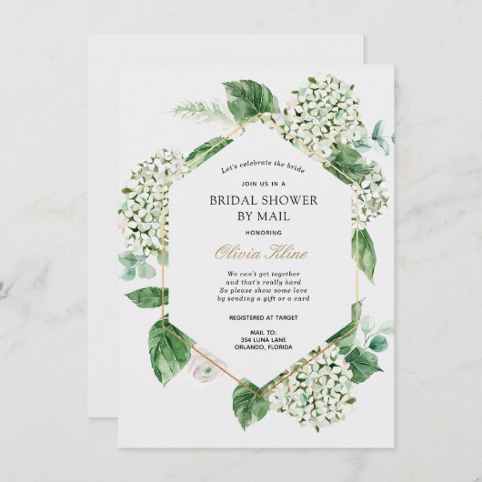 Invitation Hydrangea Gold Frame Fête des mariées par courrier (Devant / Derrière)