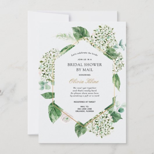 Invitation Hydrangea Gold Frame Fête des mariées par courrier (Devant)