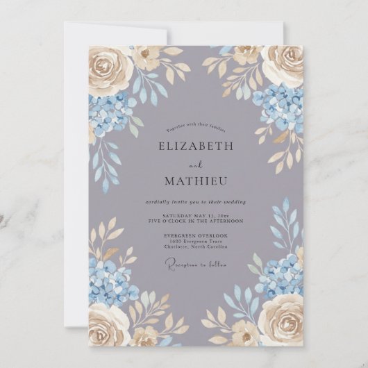 Invitation Hydrangea Gris Pervenche Mariage Romantique (Devant)