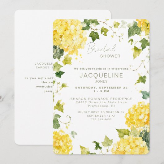 Invitation Hydrangea Jaune Élégant Fête de Mariée (Devant / Derrière)