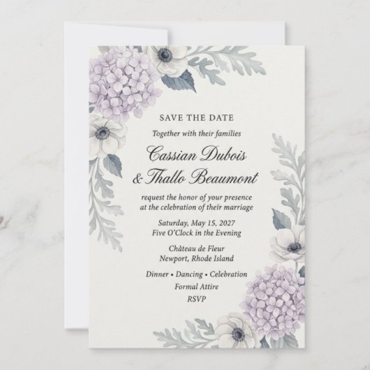 Invitation Hydrangea Lavande & Anémone Élégance Botanique (Devant)