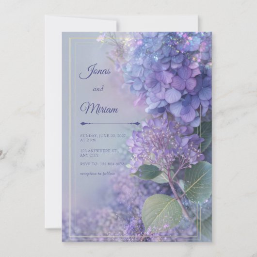 Invitation Hydrangea lavande Bokeh Cadre Or Ethéré (Devant)
