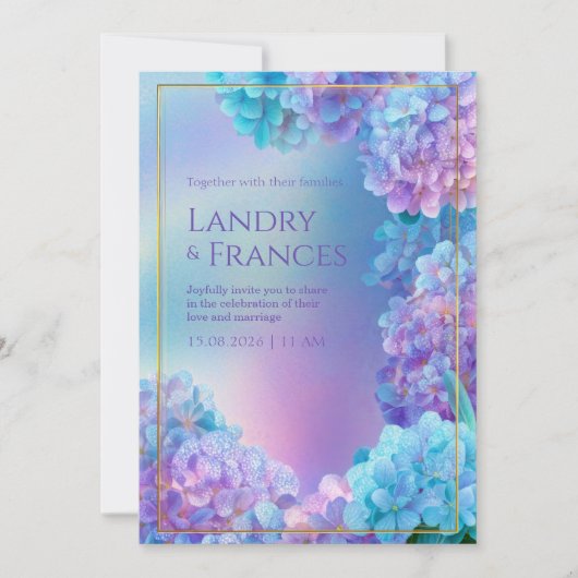 Invitation Hydrangea Lavande Piquetée Cadre Doré Aquarelle (Devant)