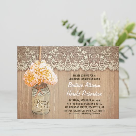 Invitation hydrangea mason jar répétition rustique dîner (Debout devant)