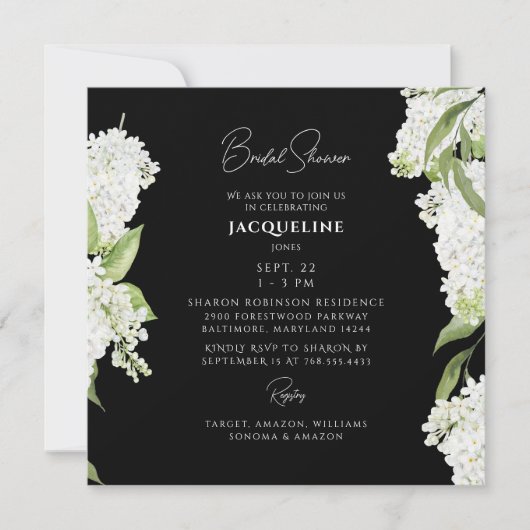 Invitation Hydrangea Noir Blanc Carré Mariage Shower (Devant)