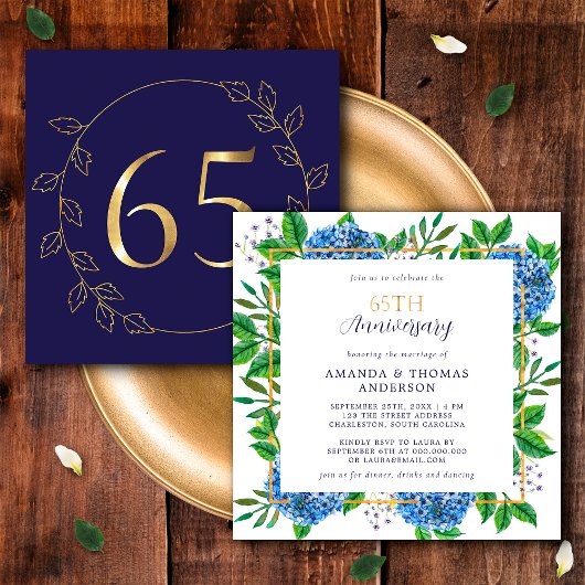 Invitation Hydrangea Or et Bleu 65e Anniversaire de Mariage