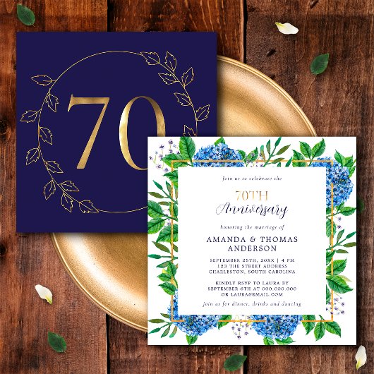 Invitation Hydrangea Or et Bleu 70e Anniversaire de Mariage