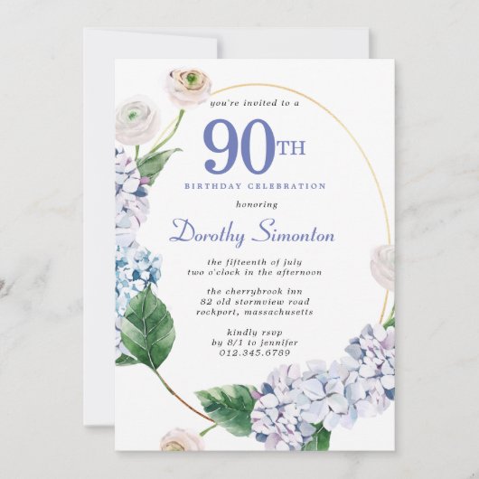 Invitation Hydrangea Rose 90e fête d'anniversaire (Devant)