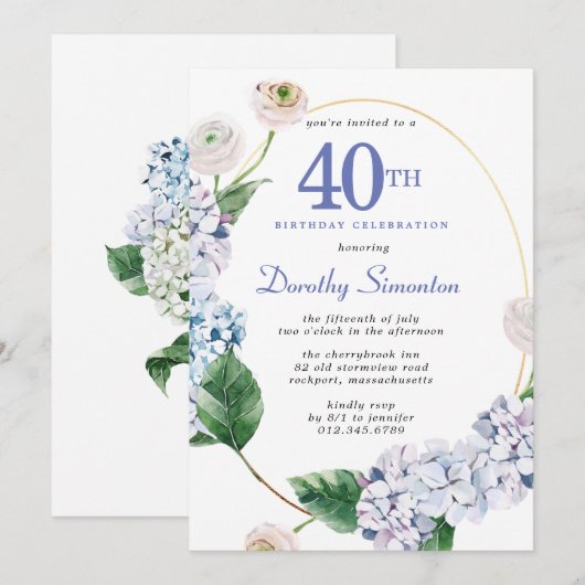 Invitation Hydrangea Rose fête du 40e anniversaire (Devant / Derrière)