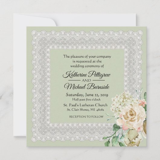 Invitation Hydrangea Roses dentelle florale Sage Mariage vert (Devant)