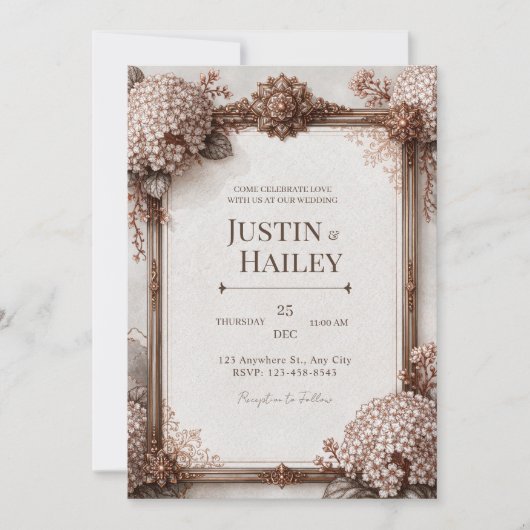 Invitation Hydrangea Sépia Mariage Bronze (Devant)