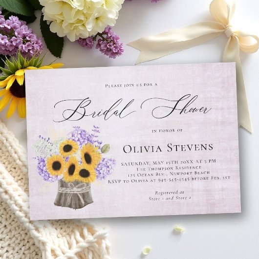 Invitation Hydrangea Sunflowers Lilac Vintage Bridal Shower