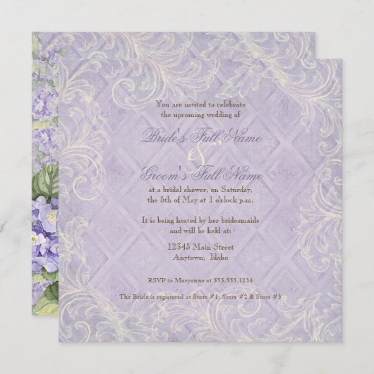 Invitation Hydrangea Swirl pourpre - Fête de l'mariée florale (Devant / Derrière)