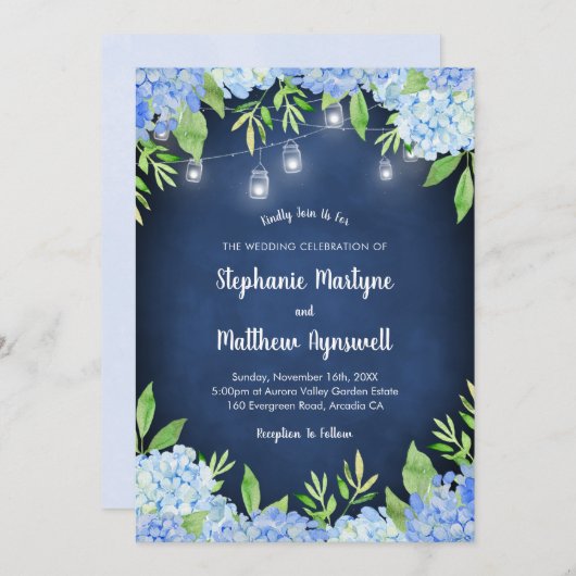 Invitation Hydrangea Vert Marine Mason Jar Lumières Mariage (Devant / Derrière)