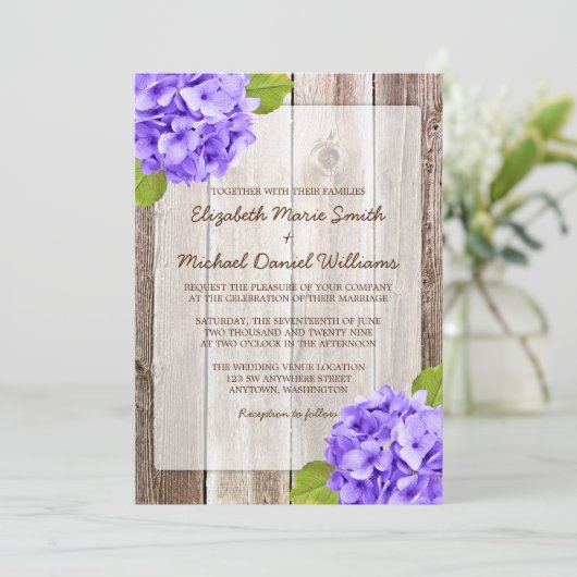 Invitation Hydrangea violet Rustique Floral Grange Mariage bo (Debout devant)