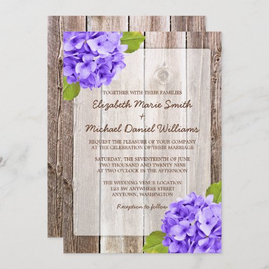 Invitation Hydrangea violet Rustique Floral Grange Mariage bo (Devant / Derrière)