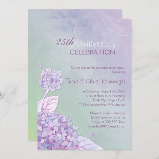 Invitation Hydrangea Violet + Vert 25e Anniversaire de Mariag (Devant / Derrière)