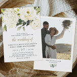 Invitation Hydrangea White Rose Garden Green Mariage photo<br><div class="desc">Offert à la fois en numérique et en impression — la conception comporte un couple de démo sur le dos que vous pouvez changer à votre propre photo. Le design comprend également d'élégants éléments d'hydrangée blanche et d'aquarelle rose. Les éléments floraux sont également dans des tons mélangés de blanc, d'ivoire,...</div>