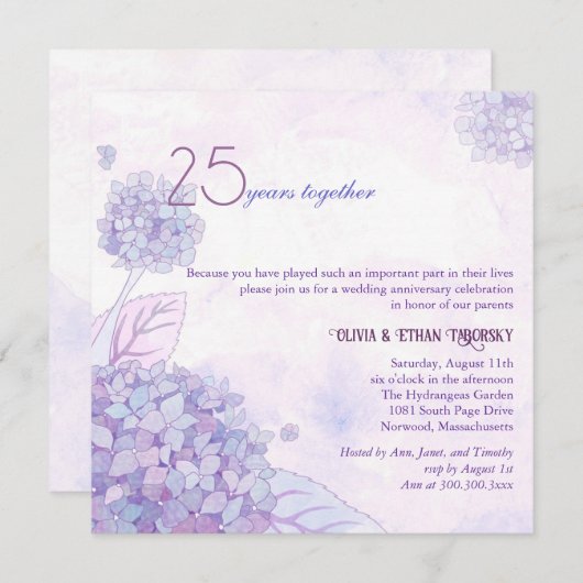 Invitation Hydrangeas 25e anniversaire de Mariage d'argent (Devant / Derrière)