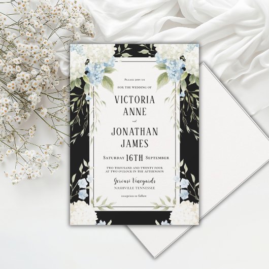 Invitation Hydrangeas Blanches Élégantes Mariage Floral Noir