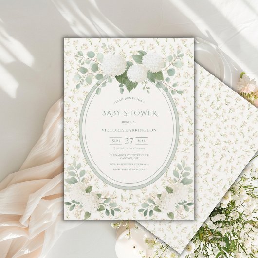 Invitation Hydrangeas Blanches Fleuris Vintage Vert Baby Show