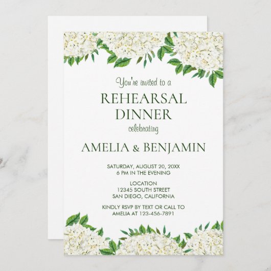 Invitation Hydrangeas Blanches Soirée De Répétition De Mariag (Devant / Derrière)