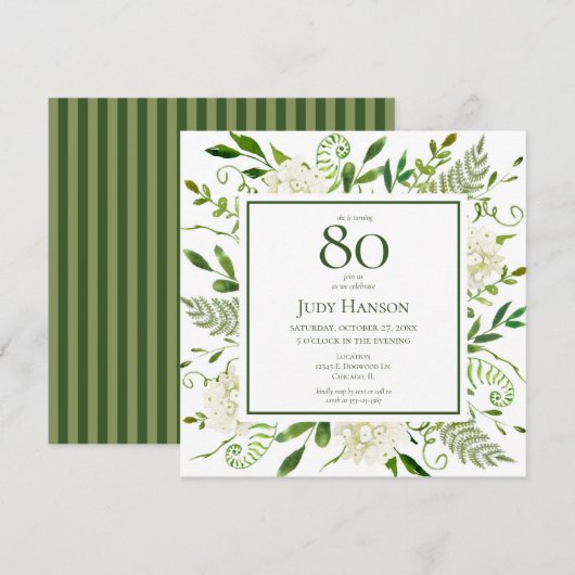 Invitation Hydrangeas blancs pour 80e anniversaire (Devant / Derrière)
