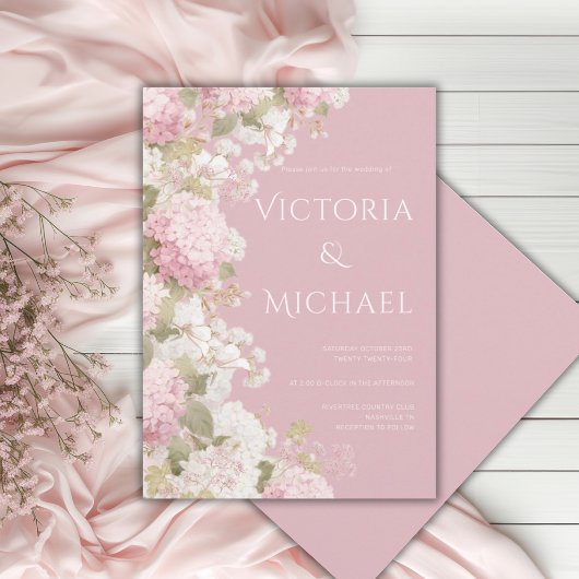 Invitation Hydrangeas Blancs Roses Élégant Mariage Moderne