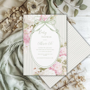 Invitation Hydrangeas Blancs Roses Fête de Naissance Vert de