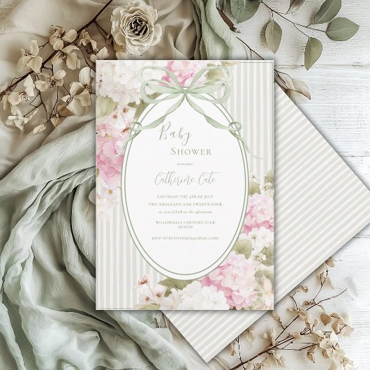 Invitation Hydrangeas Blancs Roses Fête de Naissance Vert de