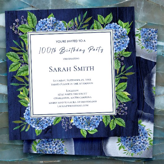 Invitation Hydrangeas Bleu Bois Rustique Fête des 100 ans