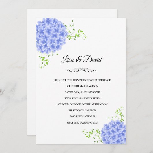 Invitation Hydrangeas bleu-faire-part de mariage (Devant / Derrière)