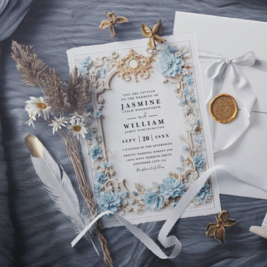 Invitation Hydrangeas Bleu Poussiéreux Élégant Mariage Emboss