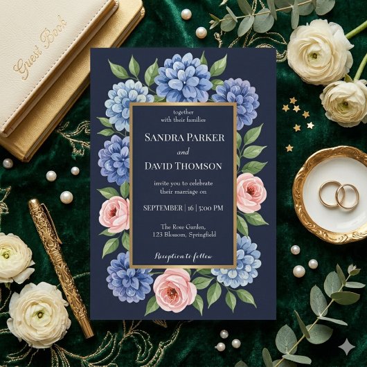 Invitation Hydrangeas bleu poussiéreux roses rose pastel mari